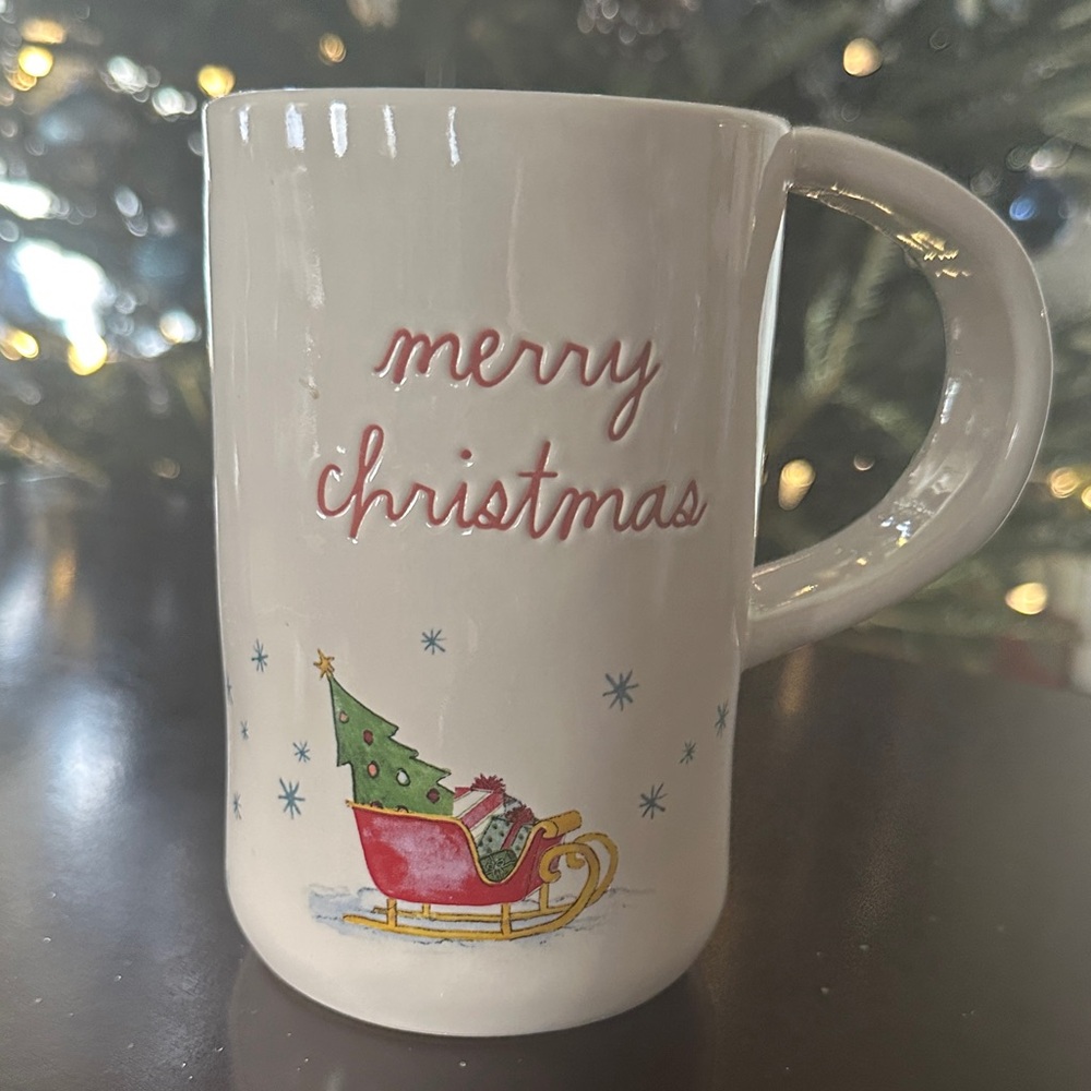 Rae Dunn Cream Mug with Red Text and Holiday Sleigh